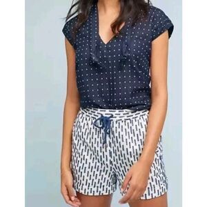Anthropologie White Navy Panella Textured Shorts Pockets linen Blend Size S